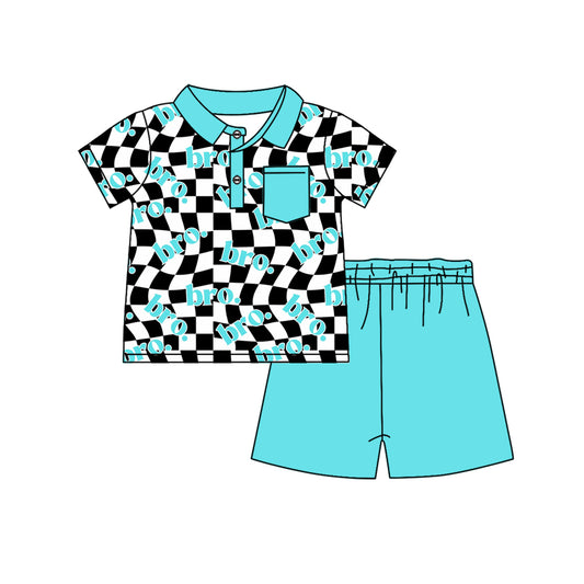 presale BSSO1139 Letter Blue Pocket Black and White Check Short Sleeve Shorts Set 2024 11.22