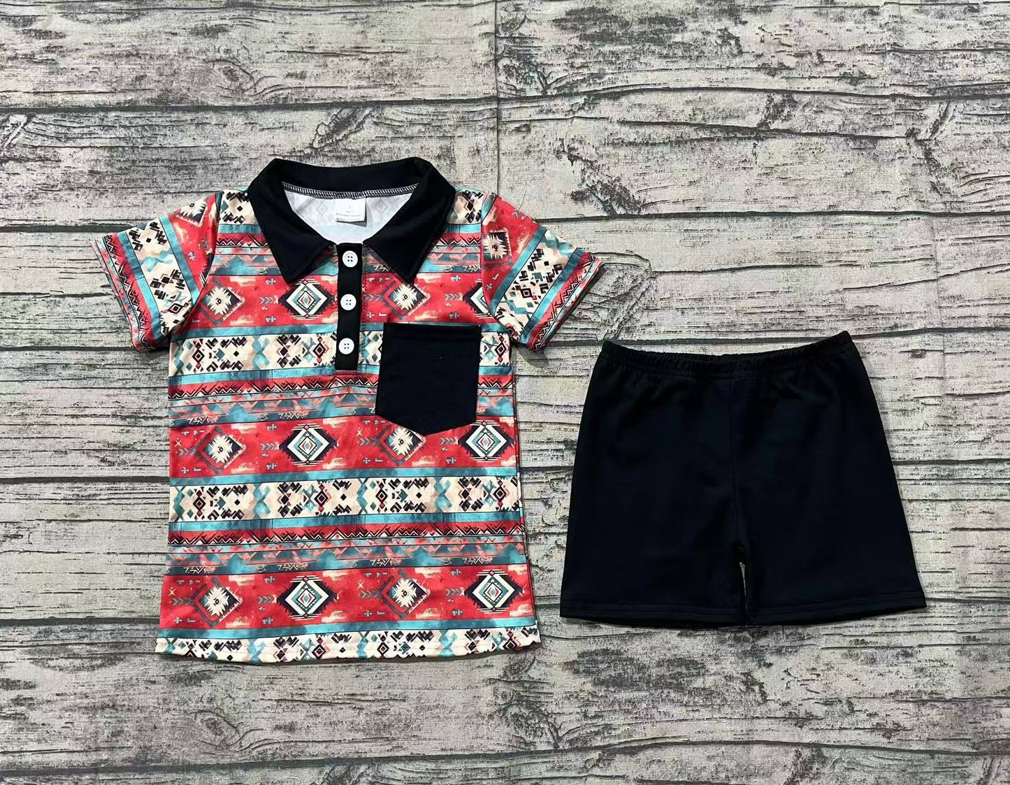 BSSO1140  Geometric black pocket blue and red short-sleeved shorts set