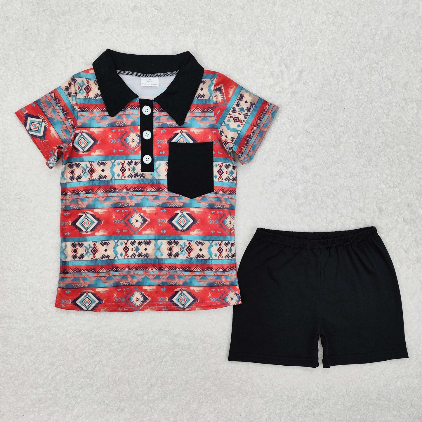 BSSO1140  Geometric black pocket blue and red short-sleeved shorts set