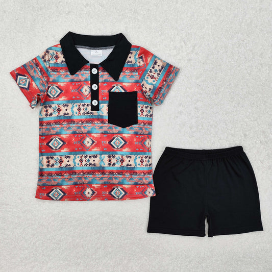 BSSO1140  Geometric black pocket blue and red short-sleeved shorts set