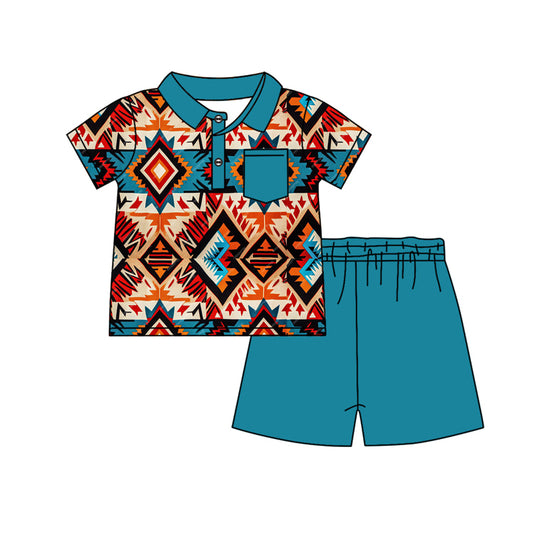 presale BSSO1141  Geometric blue pocket short-sleeved shorts set  2024 11.23
