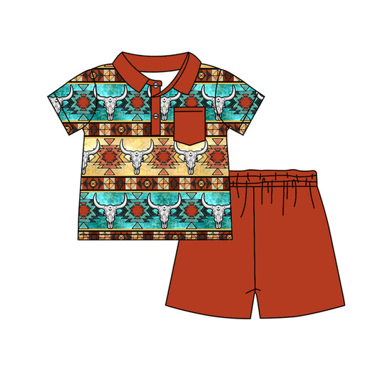 presale BSSO1142  Alpine Bull Head Geometric Pattern Red Brown Pocket Short Sleeve Shorts Set  2024 11.23