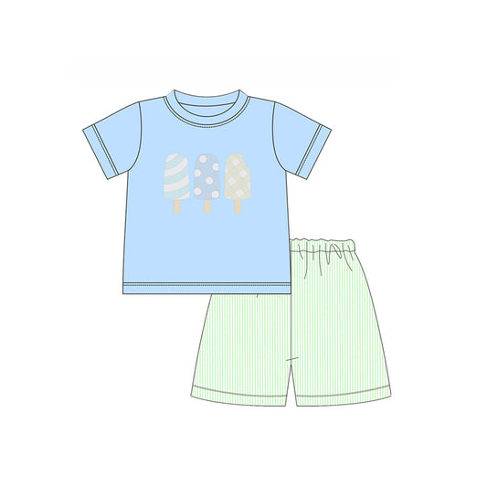 presale BSSO1143 Ice cream blue short-sleeved green striped shorts suit  2024 11.23