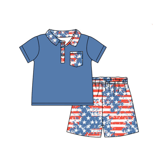 presale BSSO1144 National Day Star Stripe Pocket Blue Short Sleeve Shorts Set   2024 11.23