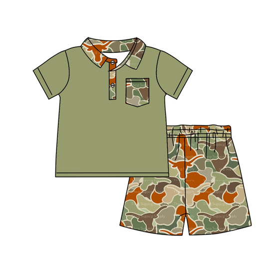 presale BSSO1150  Alpine Bull Head Camouflage Pocket Green Short Sleeve Shorts Set  2024 11.28