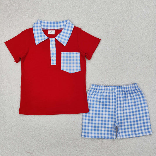 BSSO1152 National Day Blue Plaid Pocket Red Short Sleeve Shorts Set D 3.15