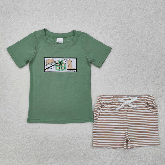 BSSO1154 Embroidery Fishing Rod Vest Hat Boots Green Short Sleeve Striped Shorts Set