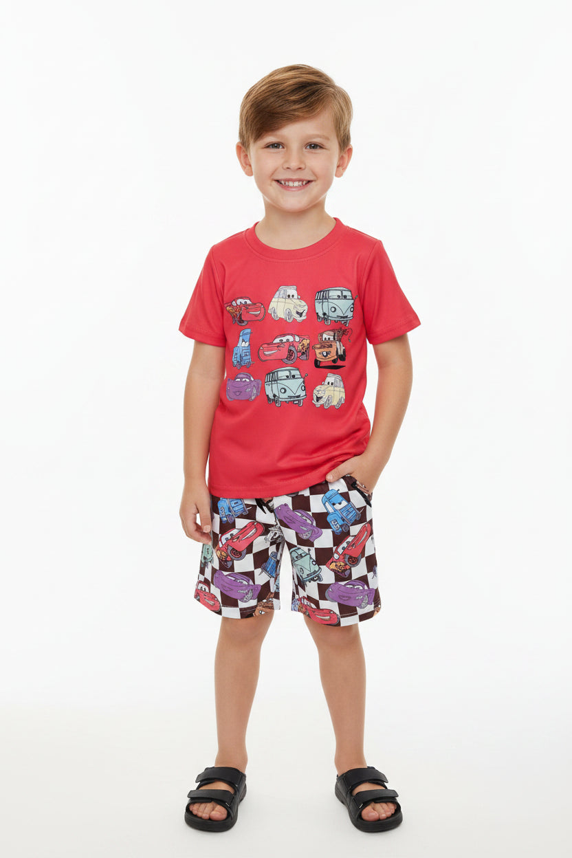 BSSO1159 Cartoon Car Red Short Sleeve Plaid Shorts Suit