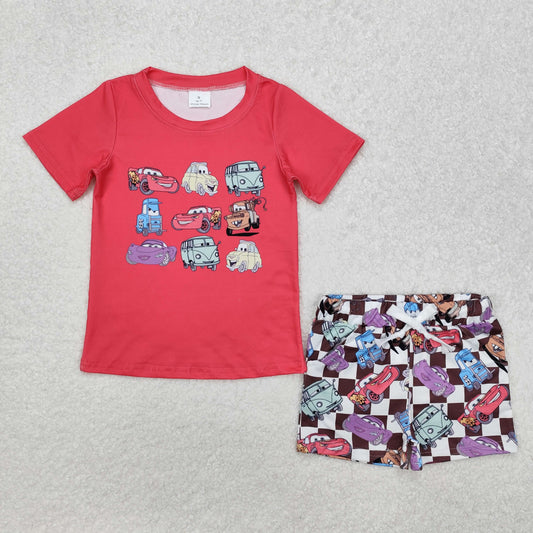 BSSO1159 Cartoon Car Red Short Sleeve Plaid Shorts Suit D 4.11