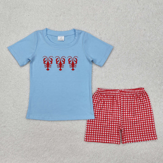 BSSO1161 Crayfish blue short-sleeved red plaid shorts suit