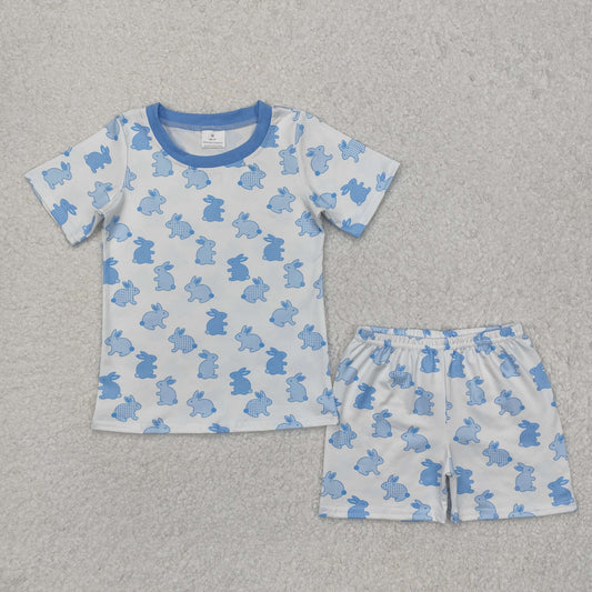 BSSO1163 Easter Plaid Polka Dot Bunny Blue and White Short Sleeve Shorts Pajama Set