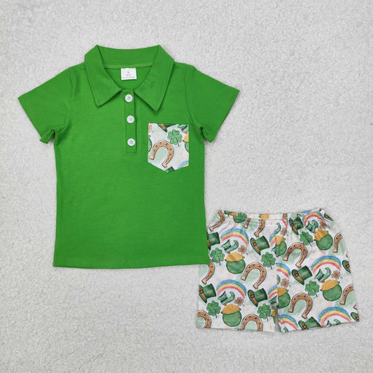 BSSO1165 Four-leaf clover gold coin rainbow hat pocket green short-sleeved shorts suit