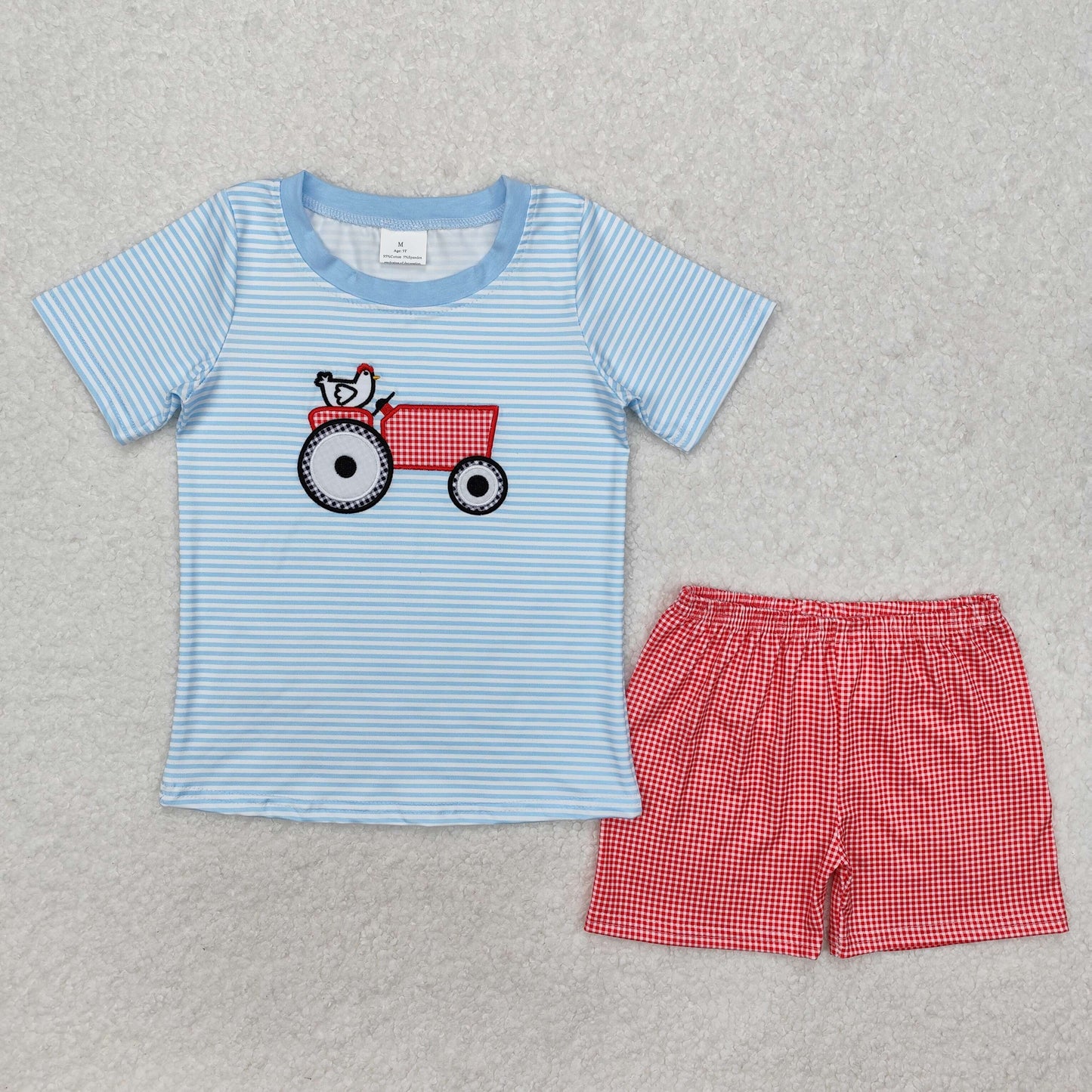 BSSO1172  Chicken Tractor Blue Striped Short Sleeve Red Plaid Shorts Set D 4.10