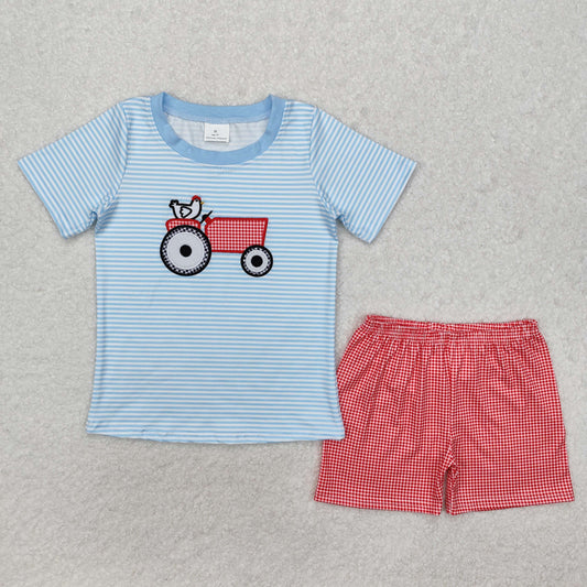BSSO1172  Chicken Tractor Blue Striped Short Sleeve Red Plaid Shorts Set D 4.10