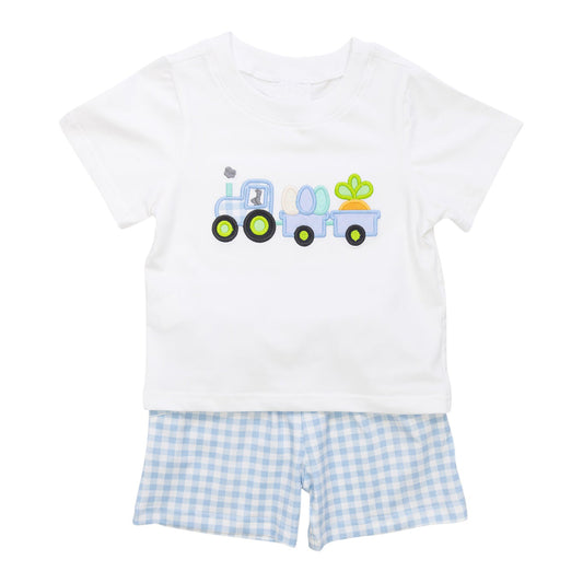 preorder BSSO1173 Easter Egg Carrot Tractor White Short Sleeve Blue Plaid Shorts Set 2024 12.6
