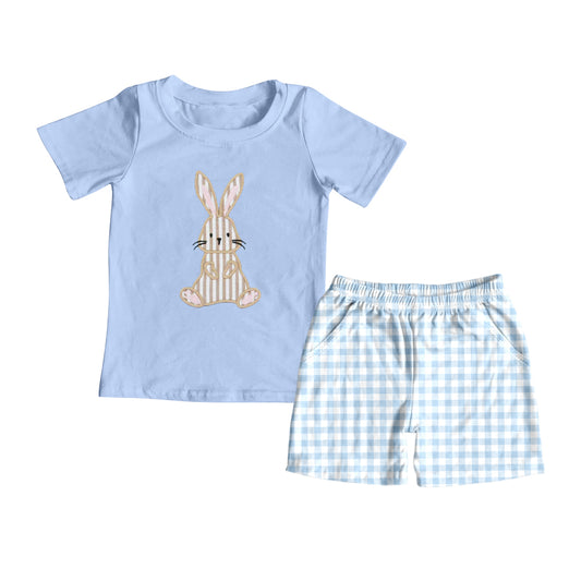 preorder  BSSO1174  Easter Striped Bunny Blue Short Sleeve Plaid Shorts Set 2024 12.6