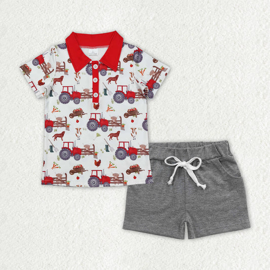 BSSO1177 Farm Animals Tractor Red White Button Short Sleeve Gray Shorts Outfit