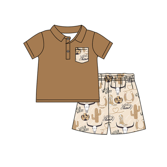 preorder BSSO1179 Alpine Bull Head Hat Boots Cactus Pocket Brown Short Sleeve Shorts Set 2024 12.10