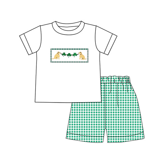 preorder BSSO1182  Puppy Clover White Short Sleeve Green Plaid Shorts Suit  2024 12.10