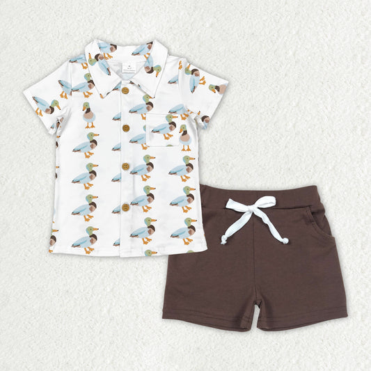 BSSO1183 Duck Pocket Button Short Sleeve Brown Shorts Set