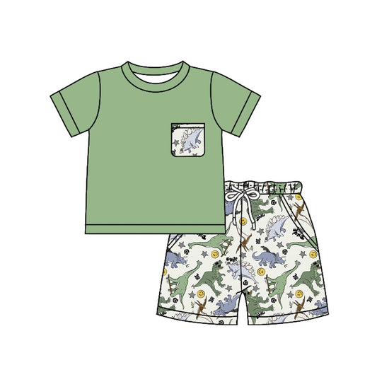 CUSTOM Dinosaur smiley face star pocket green short-sleeved shorts suit D 5.20
