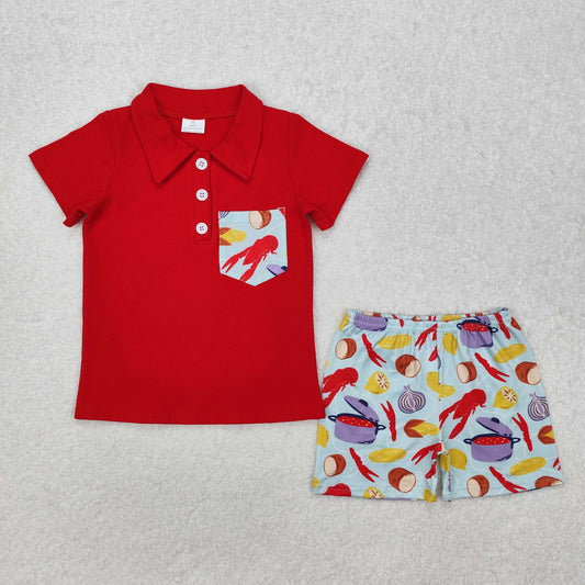 BSSO1188   Crayfish Corn Pocket Red Short Sleeve Shorts Set
