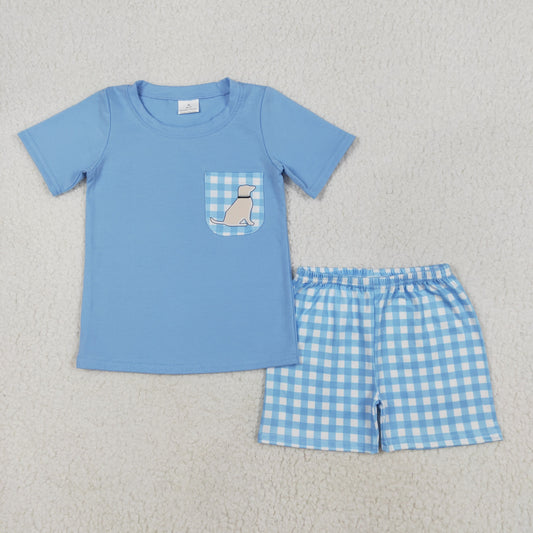 BSSO1190 Puppy Check Pocket Blue Short Sleeve Shorts Set