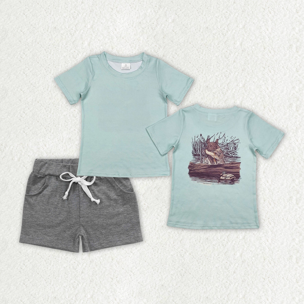 BSSO1199 Baby Boys Green Dog Hunting Shirts Pocket Shorts Clothes Sets