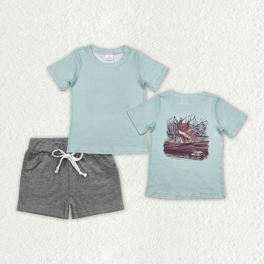 BSSO1199 Baby Boys Green Dog Hunting Shirts Pocket Shorts Clothes Sets