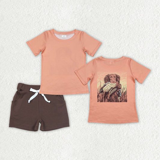 BSSO1202 Baby Boys Orange Dog Duck Hunting Shirts Pocket Shorts Clothes Sets