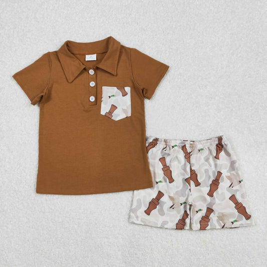 BSSO1206   Baby Boys Brown Shirts Duck Call Camouflage Shorts Clothes Sets