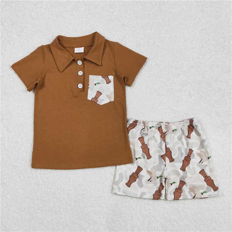 Match Brown Pocket Polo Top Duck Call Camo Shorts Boys Clothes Romper Set D 3.31