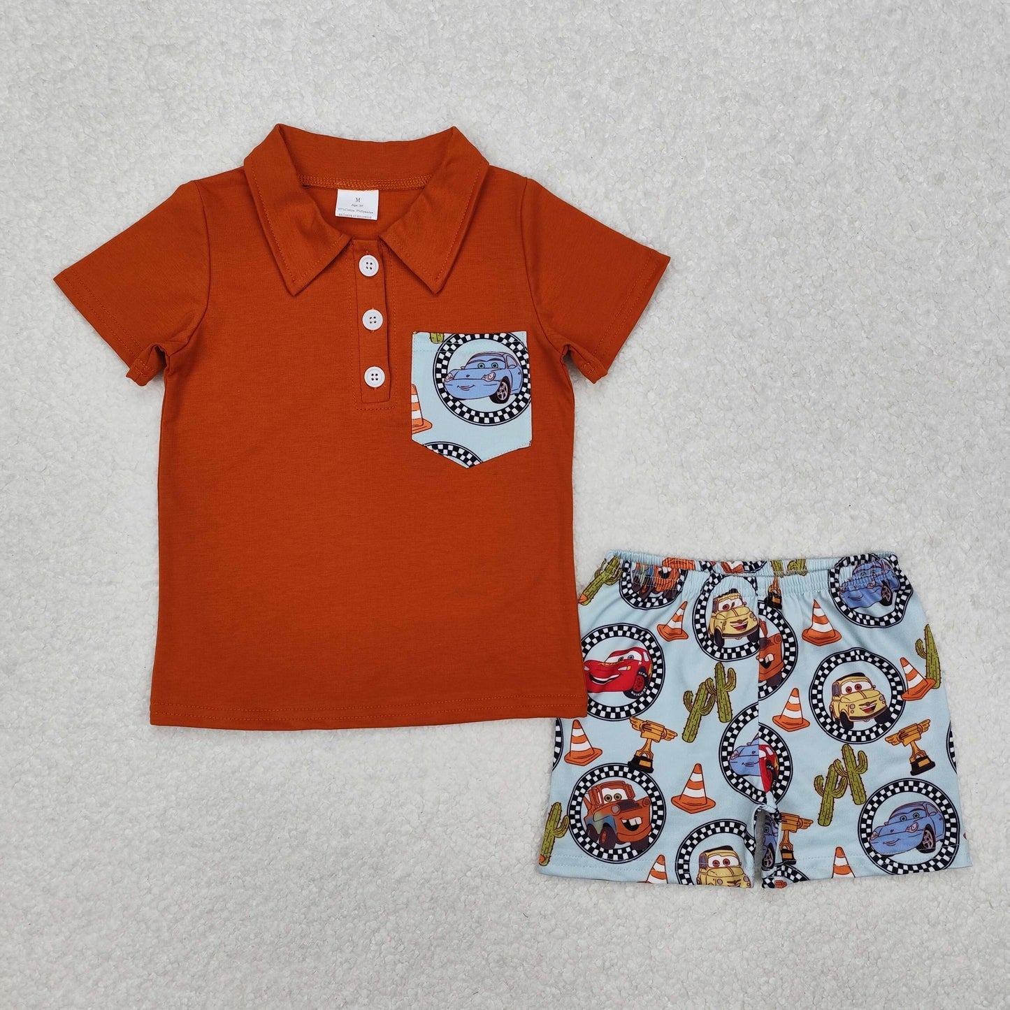 BSSO1210 Car Cactus Pocket Brown Short Sleeve Shorts Set