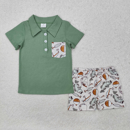 BSSO1216 Baby Boys Green Pocket Shirts Fishing Shorts Clothes Sets D 4.12