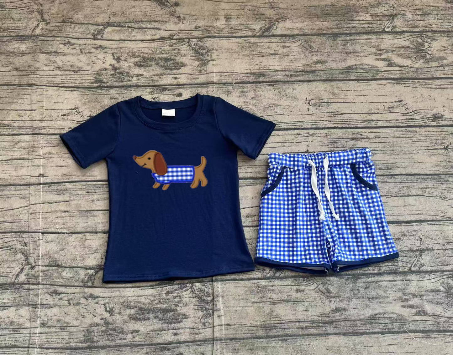 BSSO1227 Embroidery Baby Boys Navy Dachshund Shirt Checkered Shorts Clothes Sets  D 3.31