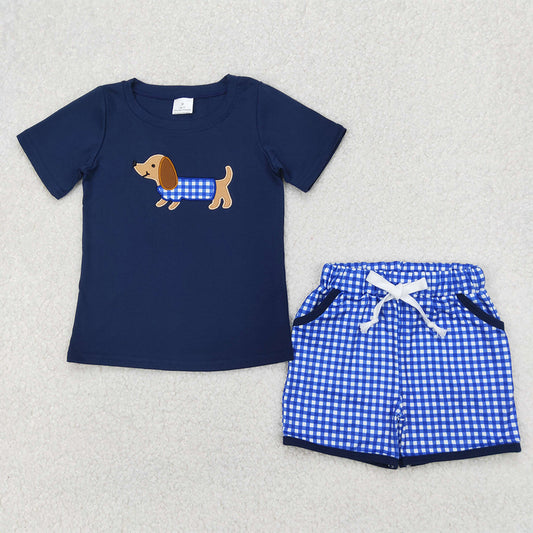 BSSO1227 Embroidery Baby Boys Navy Dachshund Shirt Checkered Shorts Clothes Sets D 3.31