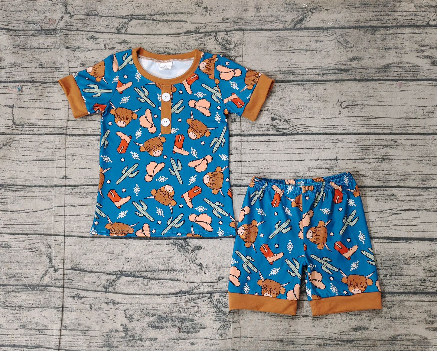 BSSO1232  Baby Boys Western Highland Cow Cactus Shirts Shorts Pajamas Clothes Sets  D 3.6