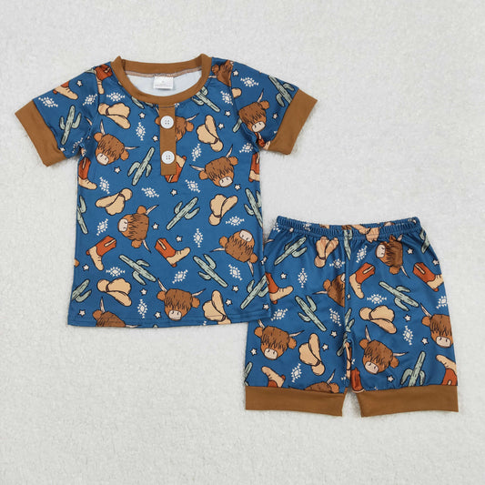 BSSO1232 Baby Boys Western Highland Cow Cactus Shirts Shorts Pajamas Clothes Sets D 3.6