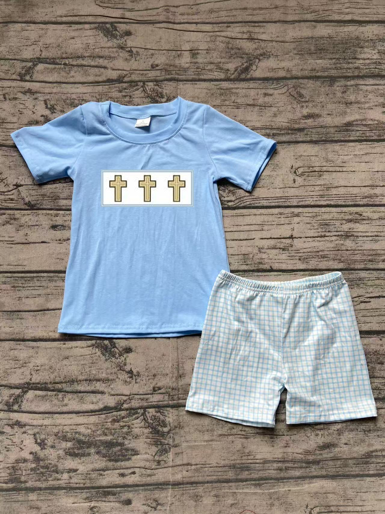 BSSO1234 Baby Boys Blue Easter Cross Shirts Checkered Shorts Clothes Sets  D 3.10
