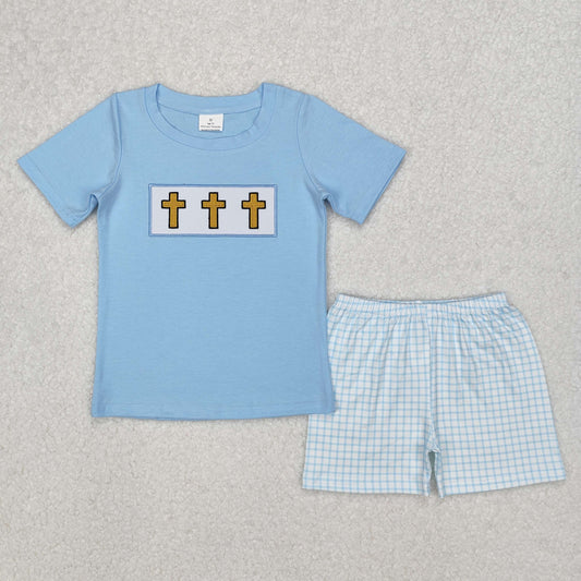 BSSO1234 Baby Boys Blue Easter Cross Shirts Checkered Shorts Clothes Sets D 3.10