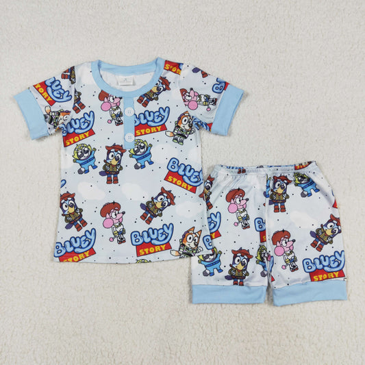 BSSO1240 Baby Boys Blue Shirts Cartoon Dogs Shorts Pajamas Clothes Sets