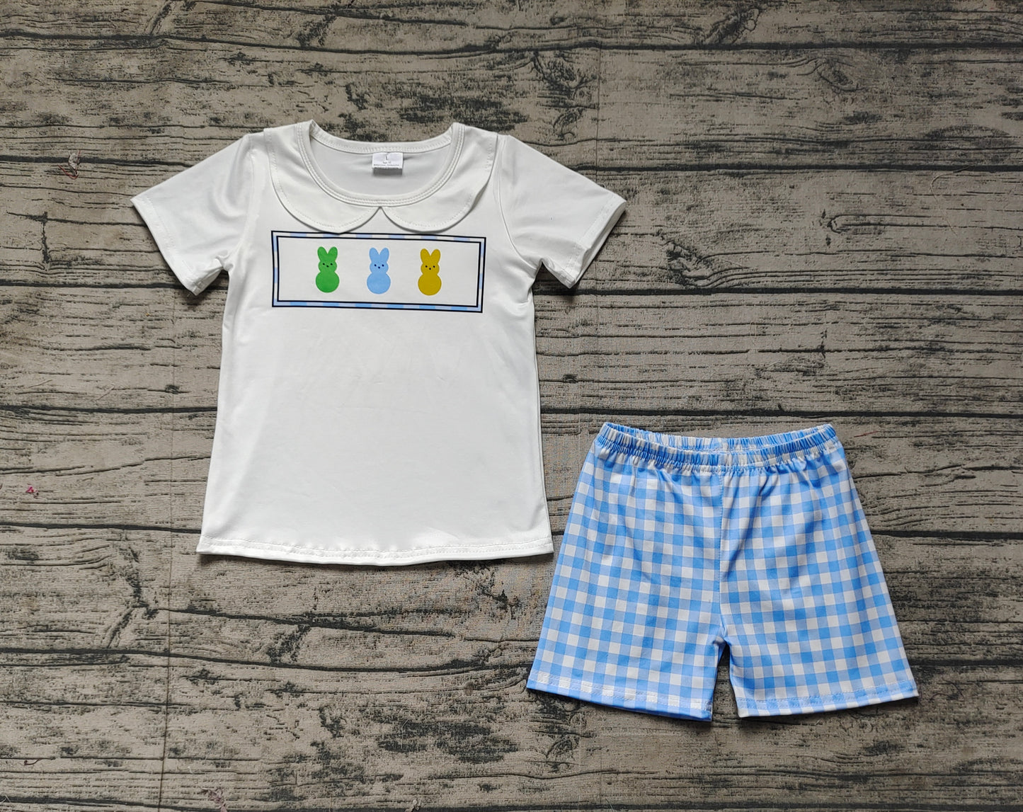 BSSO1243 Easter Bunny Collar White Short Sleeve Blue Plaid Shorts Suit