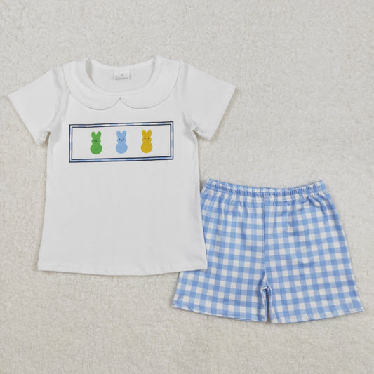 BSSO1243 Easter Bunny Collar White Short Sleeve Blue Plaid Shorts Suit
