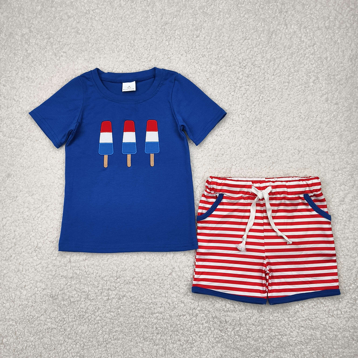 BSSO1250  Embroidery Popsicle Blue Short Sleeve Red Striped Shorts Suit
