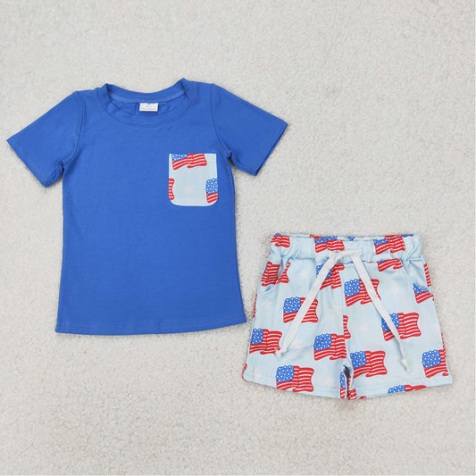 BSSO1258 Baby Boys 4th of July Flag Pocket Shirts Shorts Clothes Sets