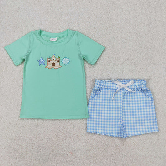 BSSO1266 Starfish Castle Shell Blue Short Sleeve Plaid Shorts Set D 3.15
