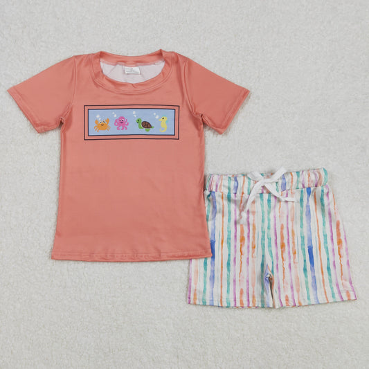 BSSO1278 Baby Boys Sea Animals Shirt Stripes Shorts Outfits Sets
