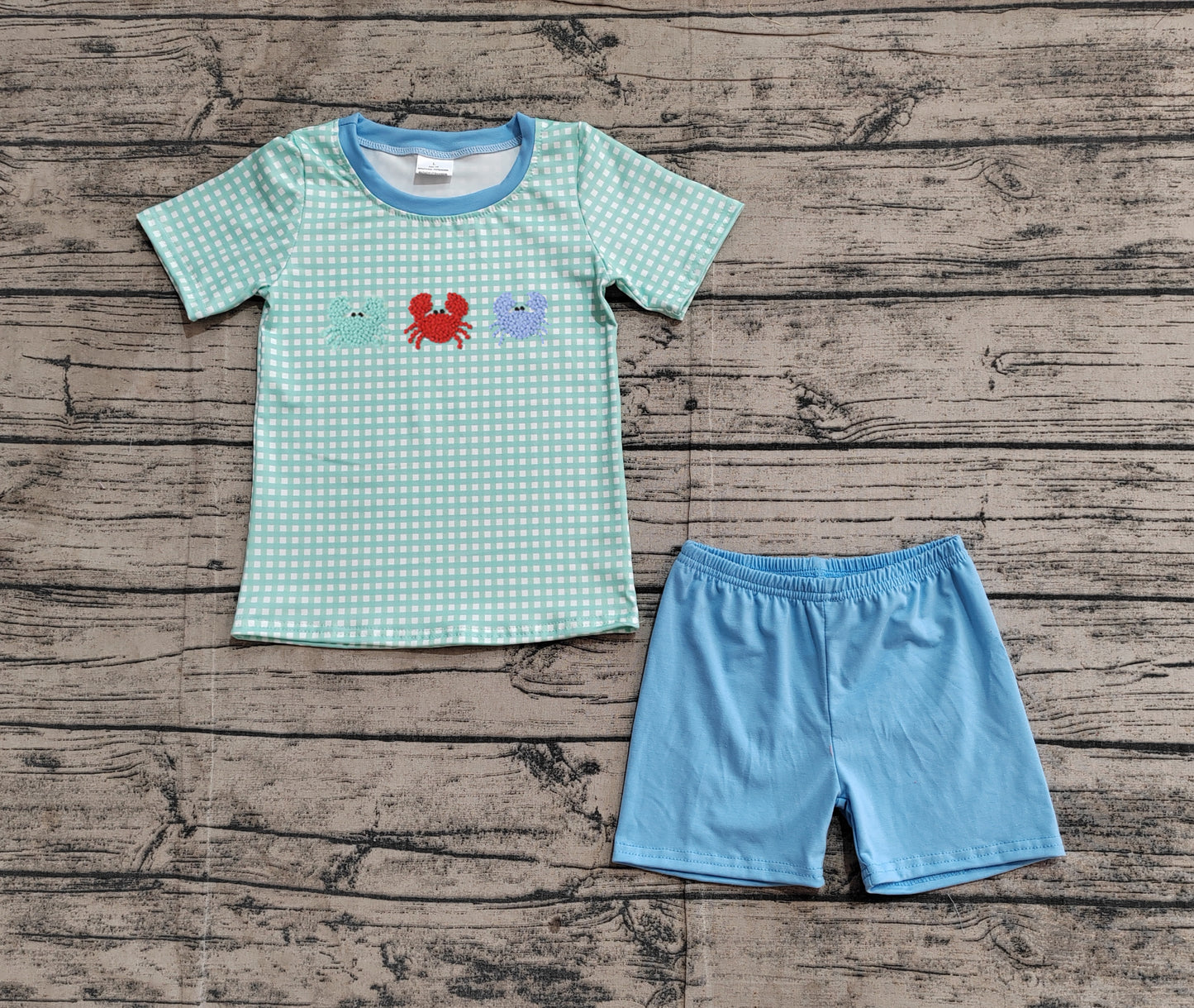 BSSO1279  Embroidery Baby Boys Crabs Checkered Shirts Shorts Clothes Sets  D 3.27