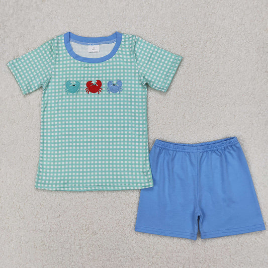 BSSO1279  Embroidery Baby Boys Crabs Checkered Shirts Shorts Clothes Sets  D 3.27