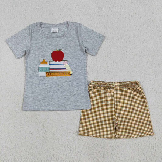 BSSO1281  Embroidery Baby Boys Apple Back To School Books Shirt Shorts Sets D 6.23